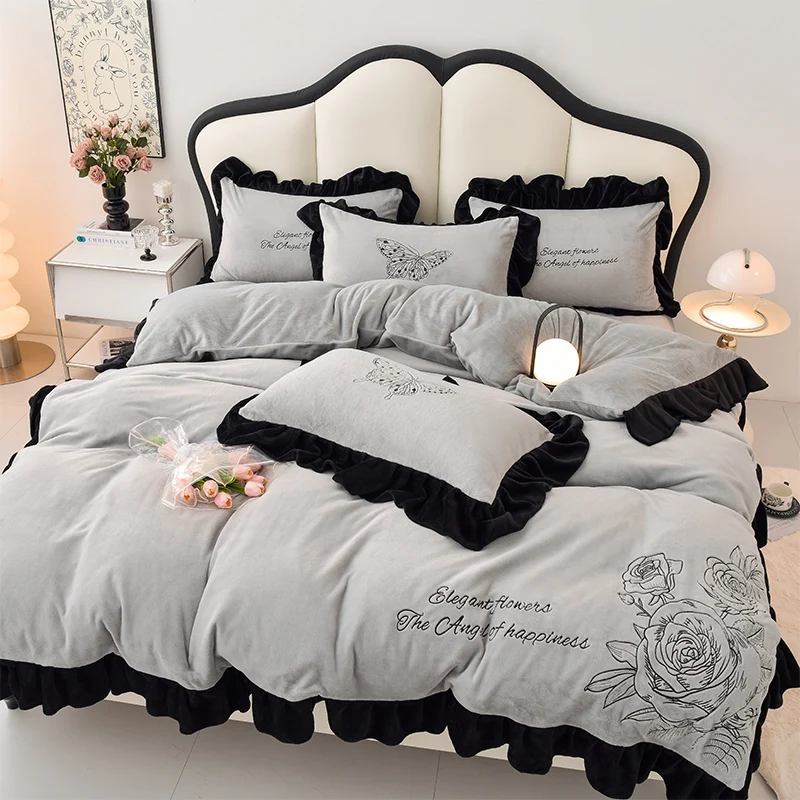 4PCS Grey Milk Velvet Bedding Set Flower Embroidery Thickened Black Lace Winter Warm Soft Duvet Cover Set,Flat Sheet,2 Pilowcase