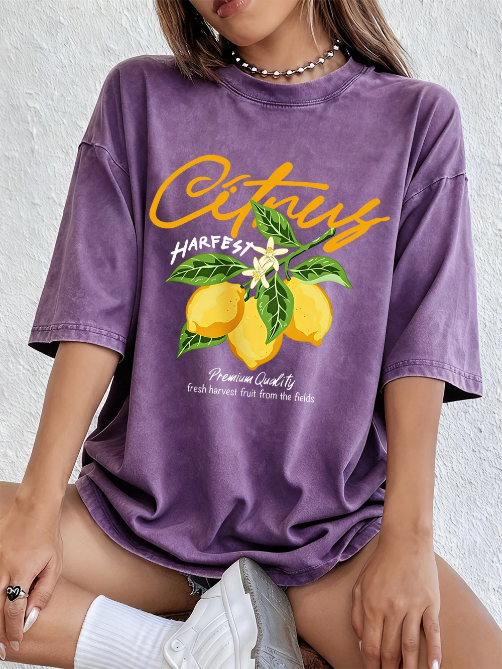 Premium-Qualität Frische Frucht-Zitronen Baumwoll-Waschbare T-Shirts Damen Sommer Übergroße Oberteile Bequeme Distressed O-Neck Streetwear