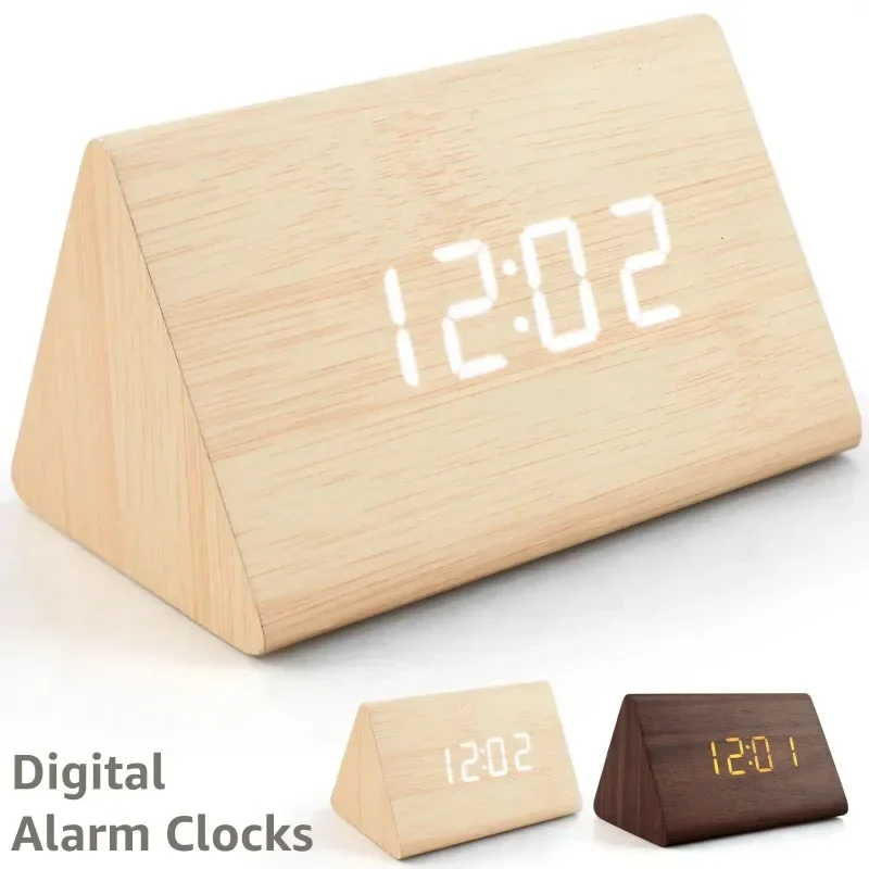 Alarm Clock Triangular Wood Grain LED Alarm Clock Wake-up Light Sound Controlled Luminous Digital Cube Dual Power Supply Clocks