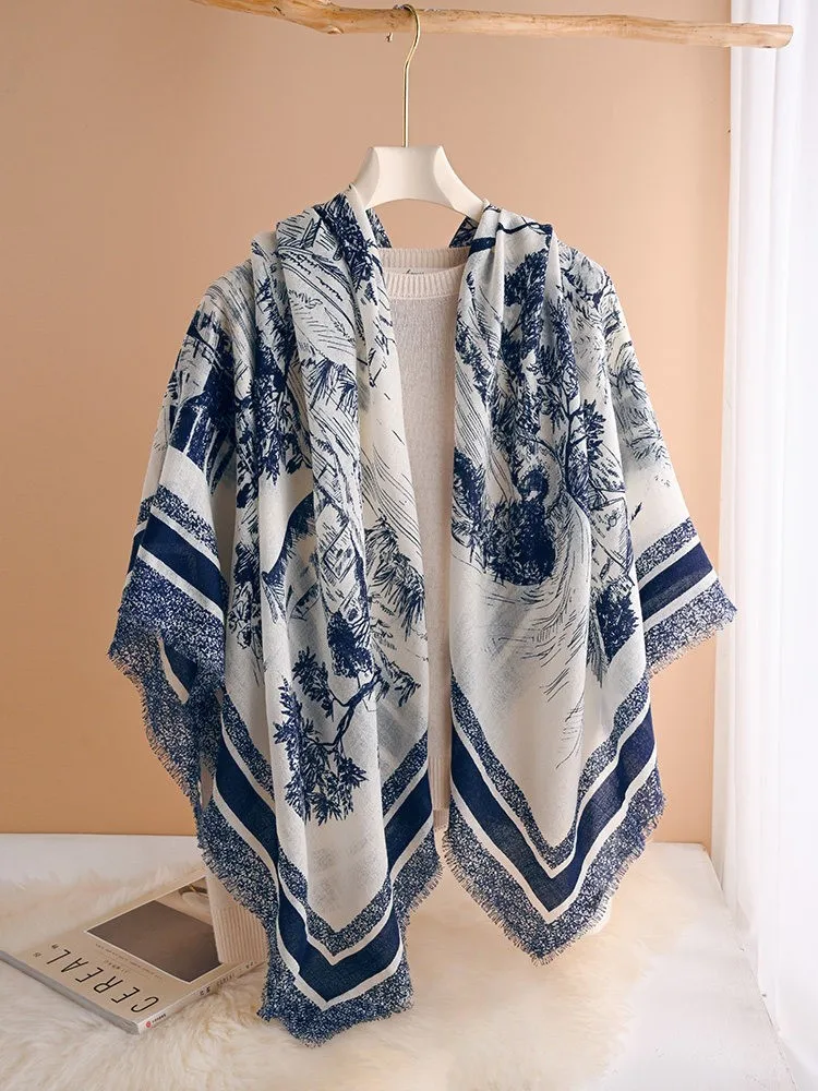 A new style of blue ink-wash real fur scarf for women large square silk shawl and outerwear air-conditioned rooms