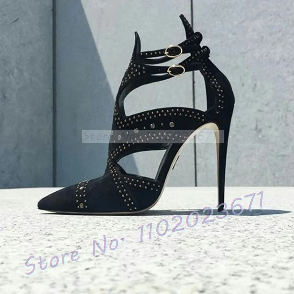 Sandali blu a punta con borchie donna rivetti Decor Cross Strap Splicing Cutout Shoes Ladies Thin Straps Party sandali eleganti