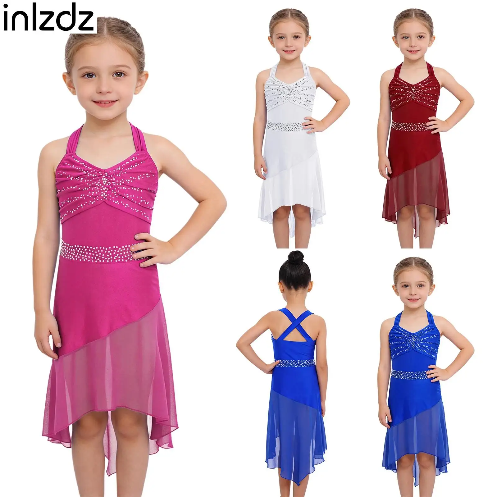 Robe de danse latine pour enfants, Costume de danse Cha-cha Samba pour filles, sans manches, strass, ourlet haut-bas en mousseline de soie, vêtements de danse de patinage