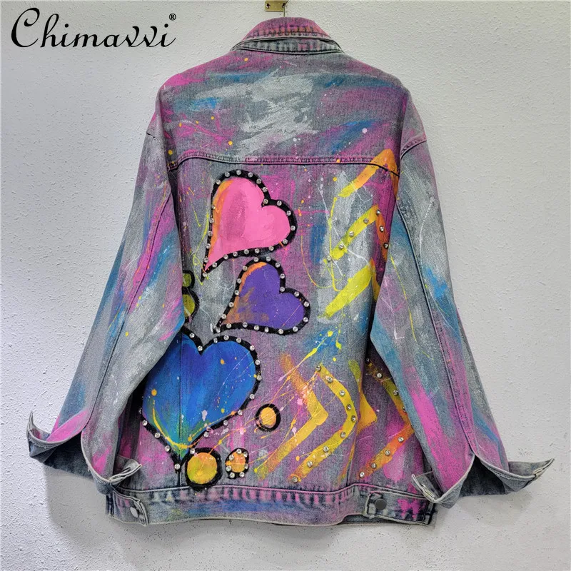 European Personalized Diamond Hand-painted Heavy Denim Jacket Women's New 2024 Autumn Clothes Fashion Loose Streetwear Jean Coat