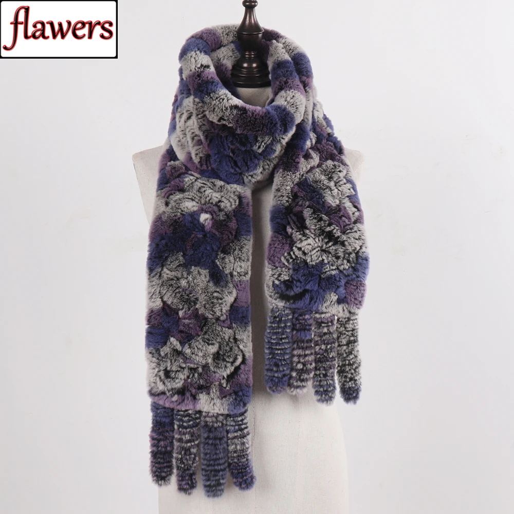 

Winter Natural Soft Real Fur Scarves Lady Warm Real Rex Rabbit Fur Muffler Knit Long Style Women Real Rex Rabbit Fur Scarf