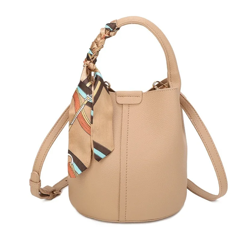 

Новая женская сумка через плечо с шелковым шарфом, сумка-ведро из искусственной кожи большой вместимости, однотонная сумка с узором личи