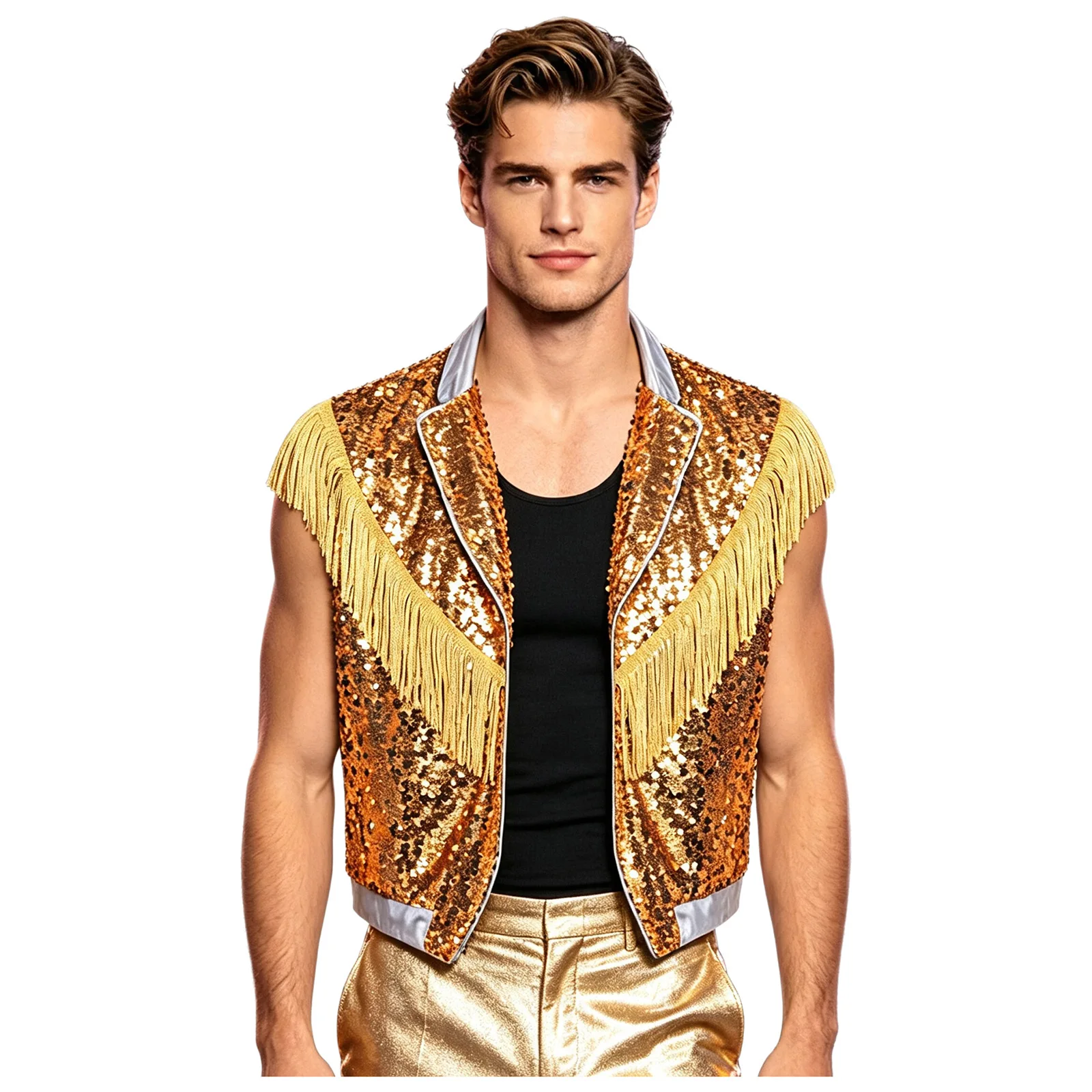 Mens Sequin Fringe Vest Tops Lapel Waistcoat Disco Cowboy Hip Hop Jazz Costume Nightclub Show Jacket Metallic Shiny Tank Top