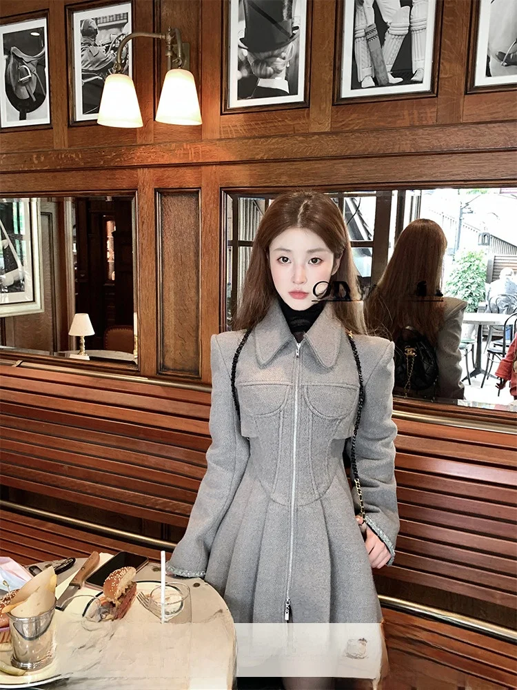 

DOGGYQIN Women's Fibone Tweed Coat Dr Autumn Winter Design Slimming Pleated Skirt Two-Way Wear Long Sve Zipper Closure