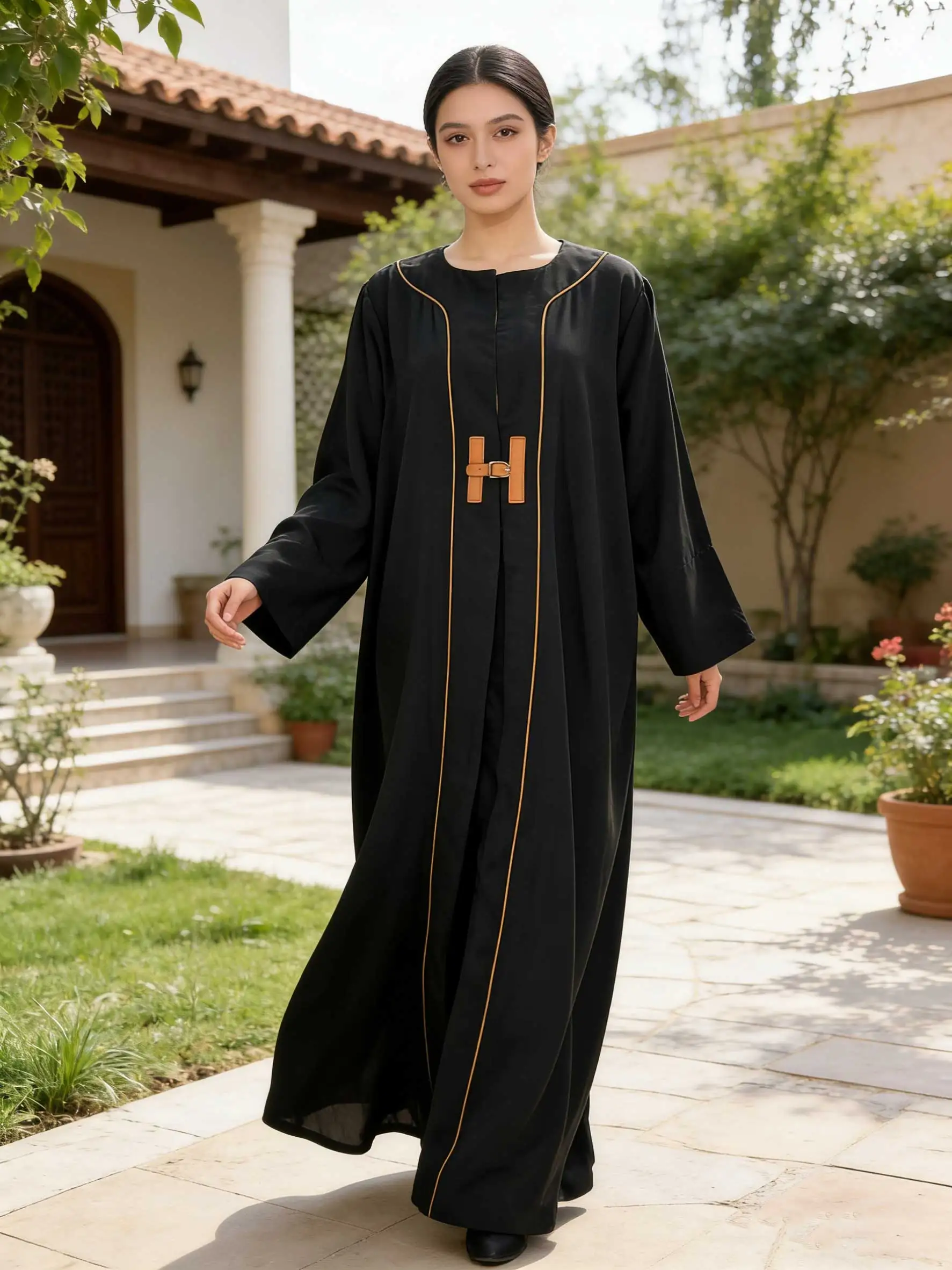Elegancka czarna abaja z skórzanymi detalami z klamrami, długa sukienka maxi z długim rękawem, damska muzułmańska marokańska kaftan, Ramadan, Islam, Dubaj, arabskie szaty 2026