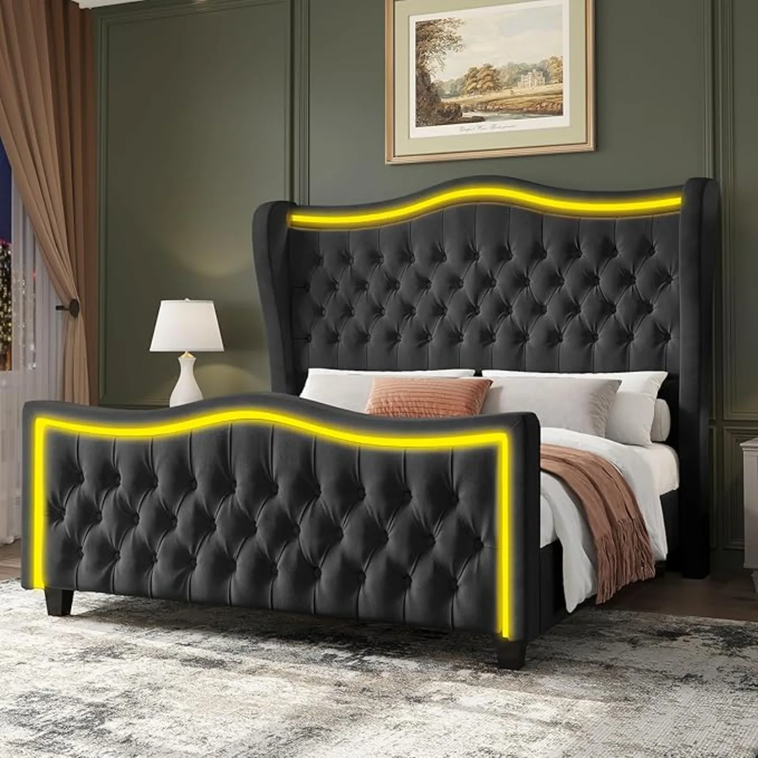 Queen Size Bed Frame w/LED Lights, 53'' Upholstered Platform Wingback Bed w/Handmade Deep Button Tufted Headboard Footboard