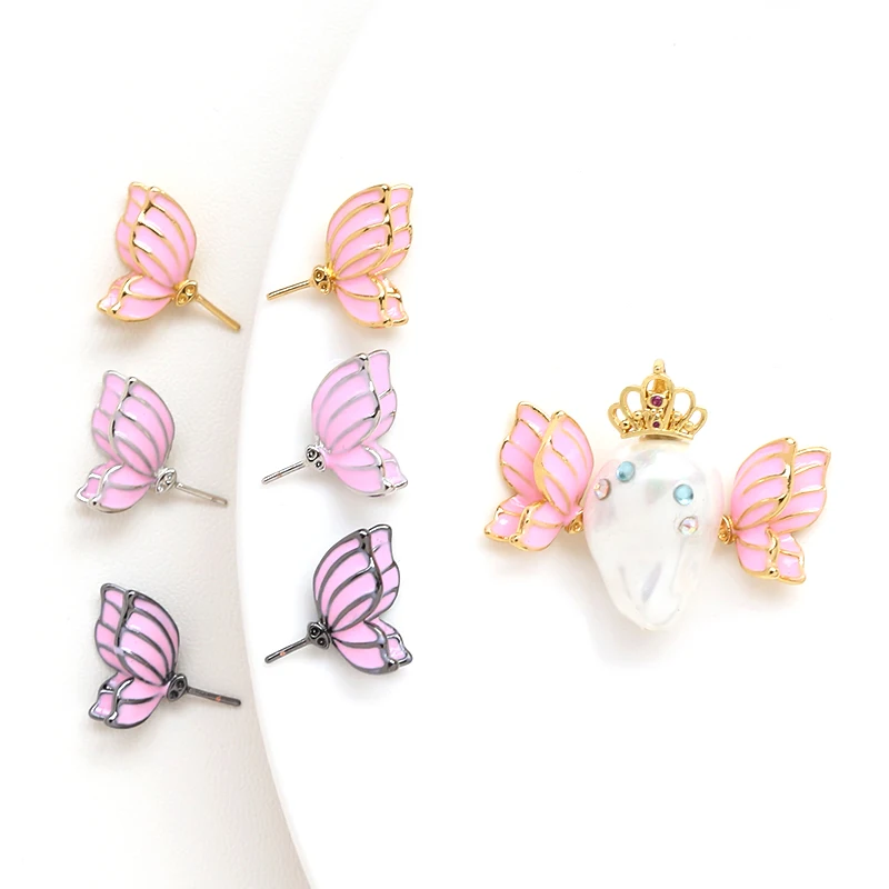 1 pair  copper plated real gold dripping oil Butterfly Fairy Wings DIY hand made jewelry baroque pearl pin accessories materials