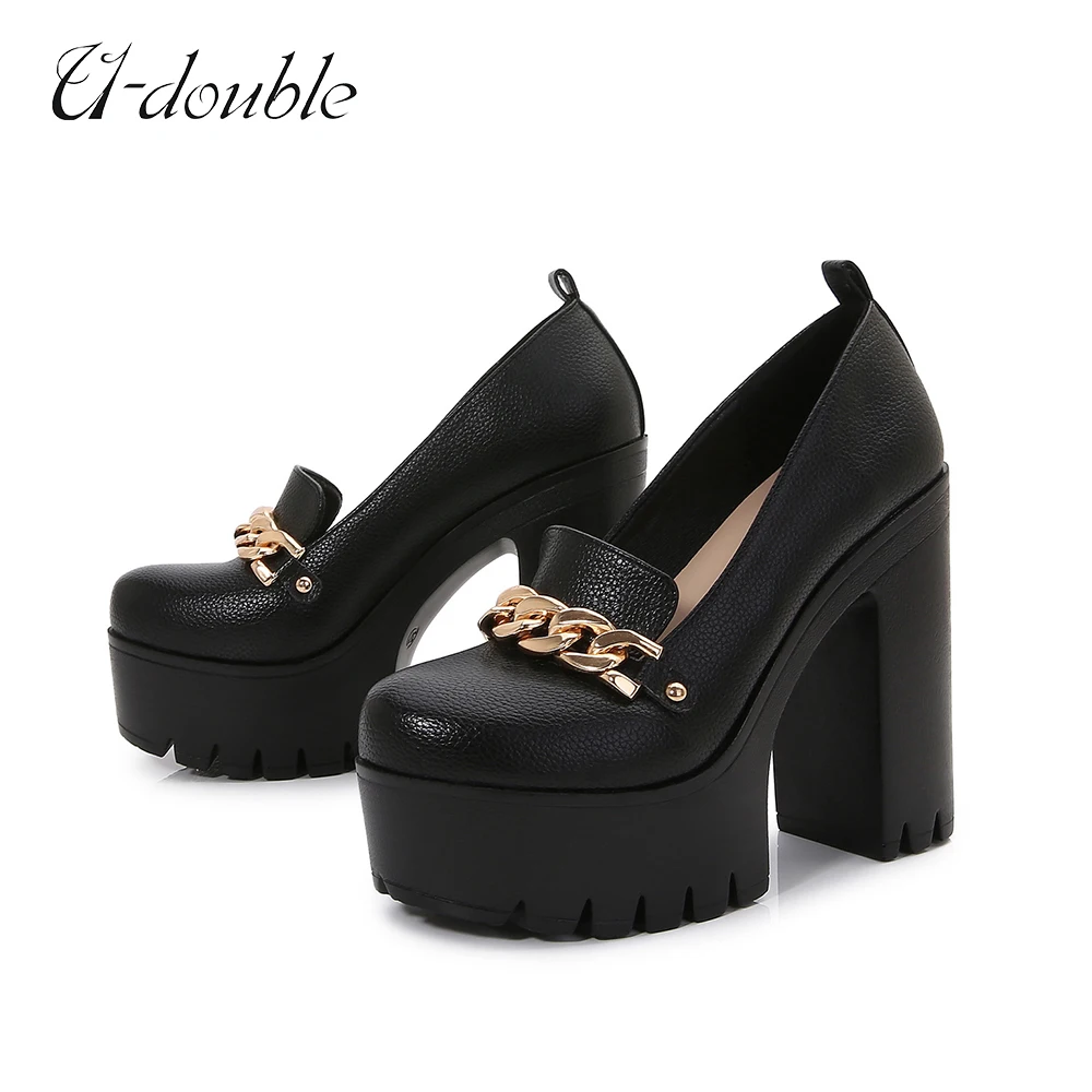 Fashion Spring Platform High Heels Pumps For Women Round Toe Metal Chain Thick Loafers Party Casual Shoes Casual Ladies