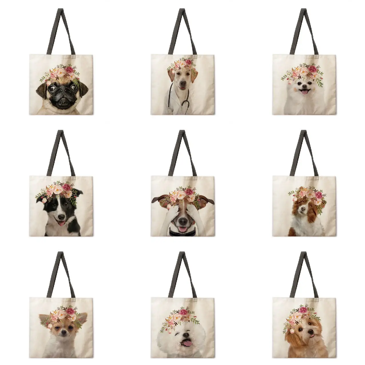 

Flower Animal Linen Bag Handbag Lightweight Shoulder Bag Large Capacity Eco-friendly Shopping Bag Tote Bag