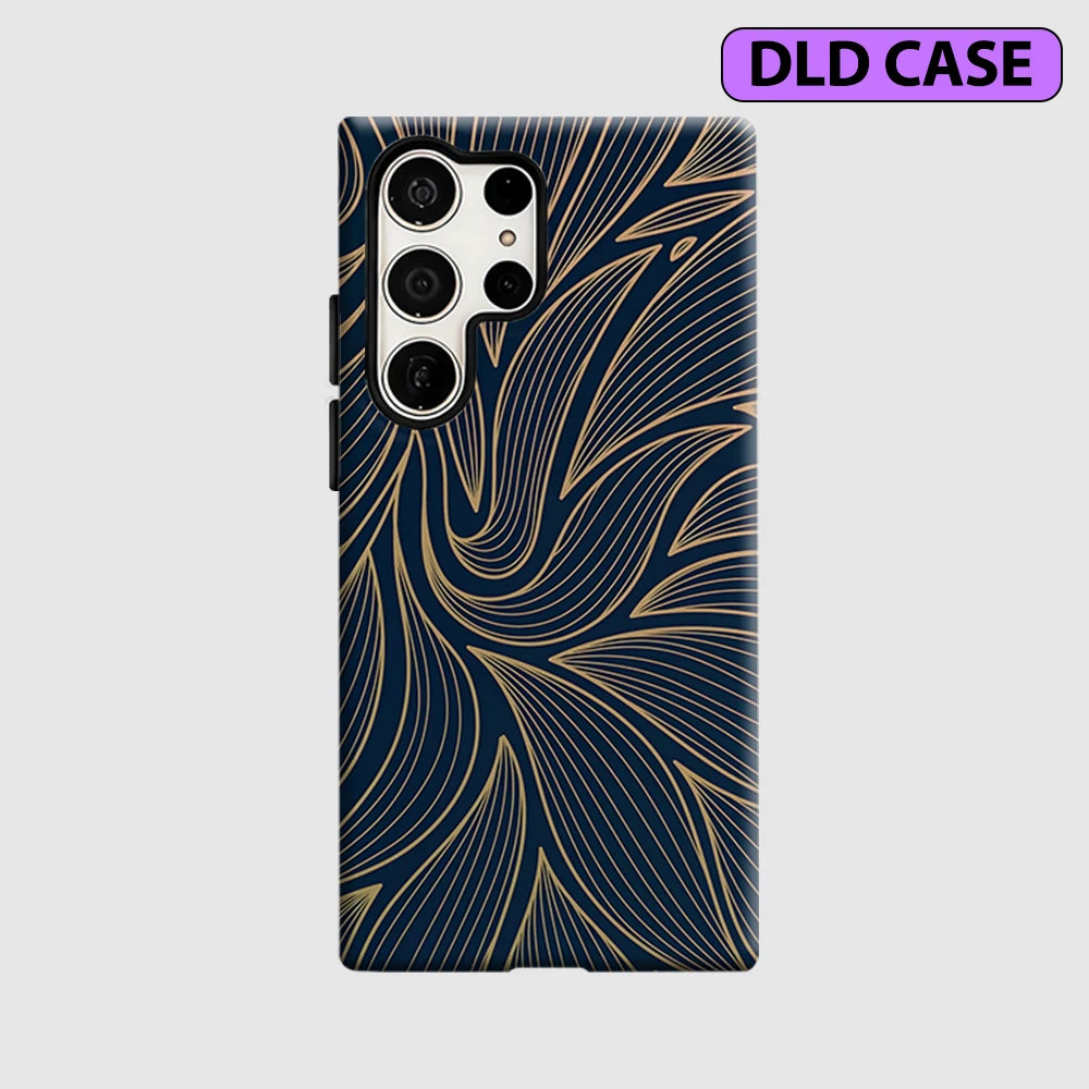 Navy Gold Leaf Swirl Phone Case for Samsung Galaxy S26 S25 Ultra S24 S23 Ultra Plus Shockproof Double Layer Tough Back Cover