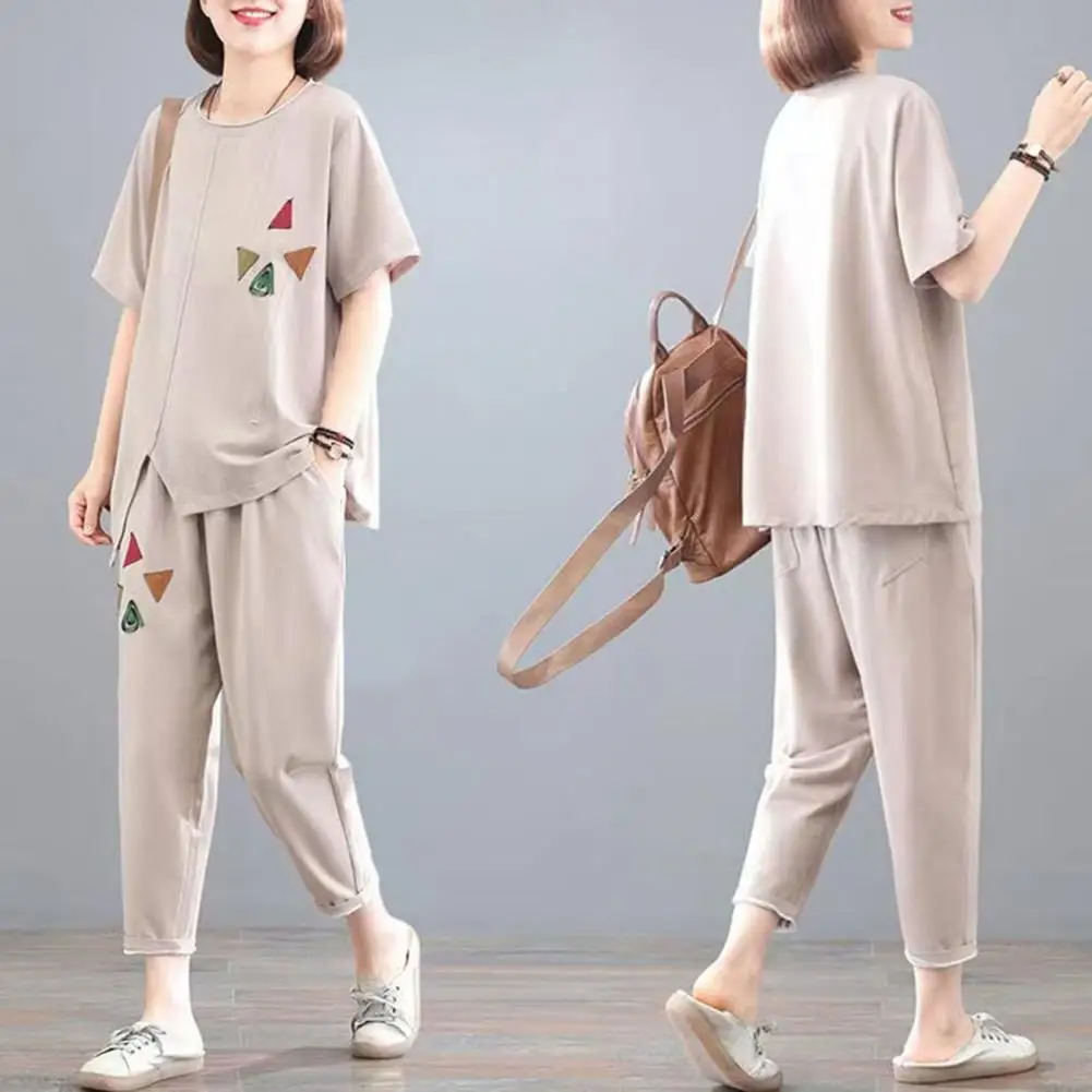 

2Pcs/Set Fashion Top Pants Set O-Neck Ankle Length Leisure Tracksuit Women Printing Top Long Pants Activewear