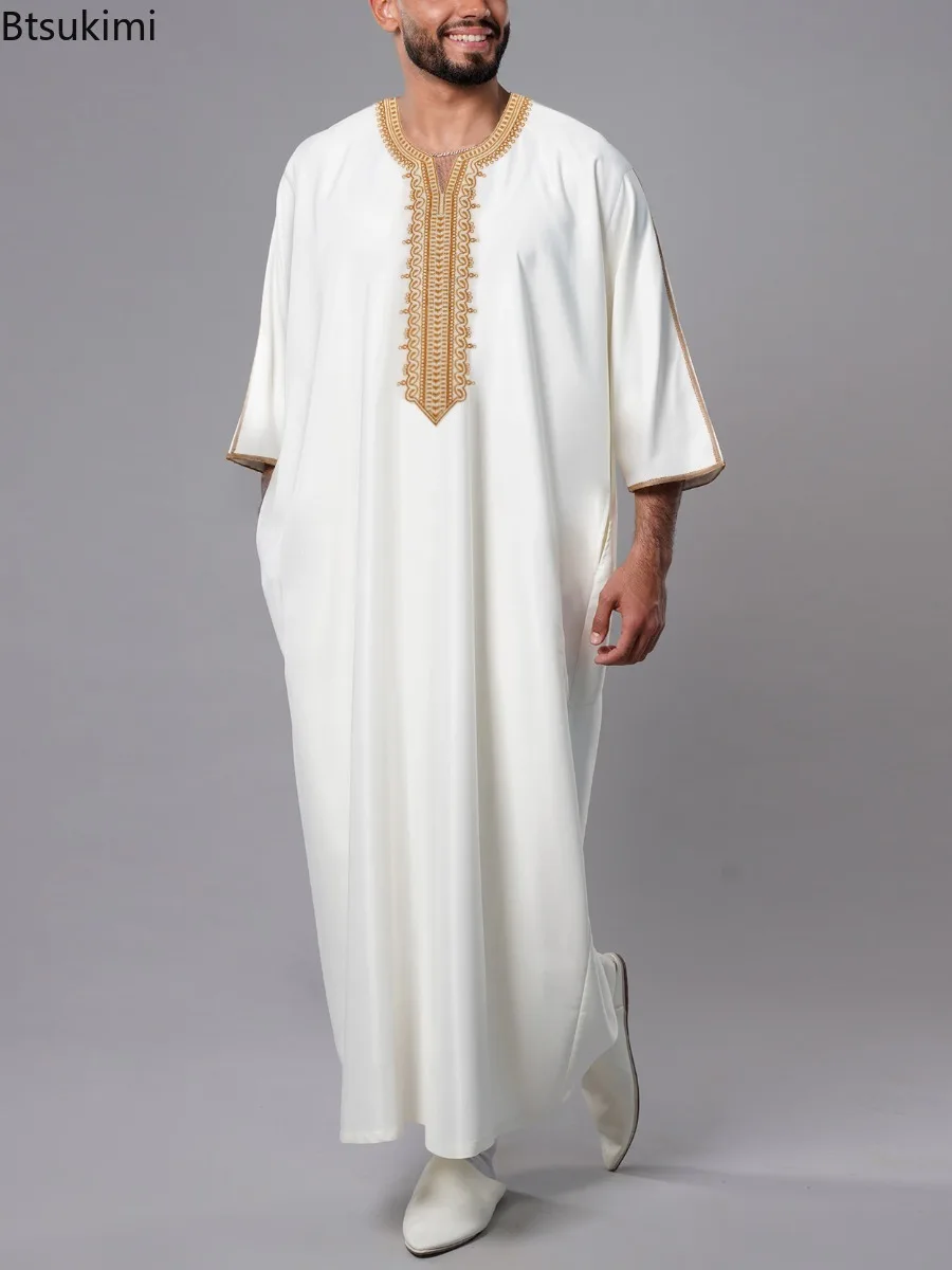 

2026 Ethnic Style Muslim Clothing Eid Middle East Robe Men Thobe Arab Islamic Kaftan with Pocket Loose Casual Embroidered Abayas