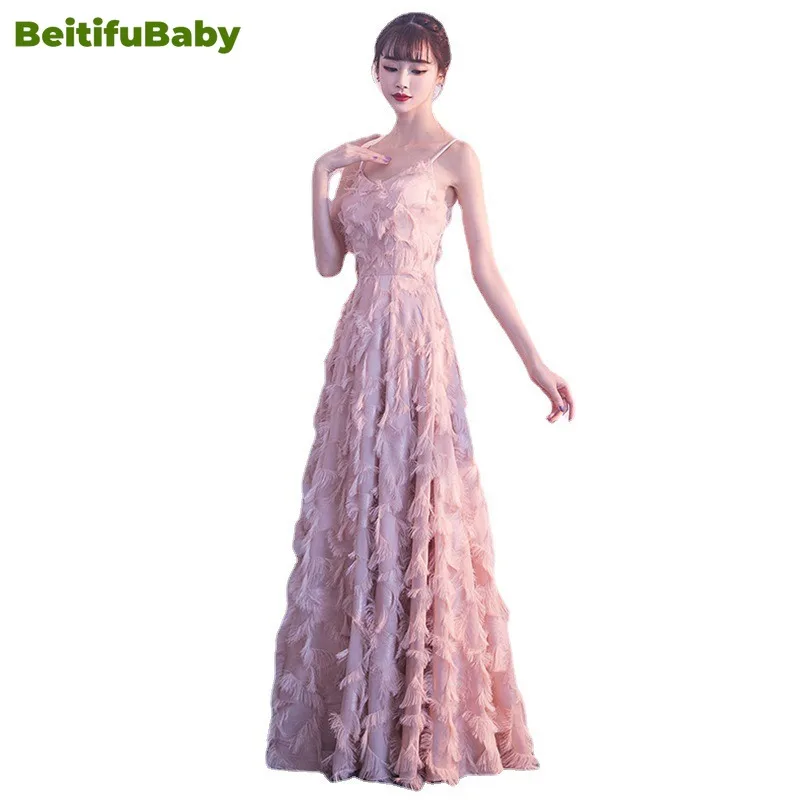 2024 Women\'s Wedding Party Dress Elegant Sling V-neck Sling Zipper Feather Bridesmaid Skirts Evening Dresses for Women Vestidos