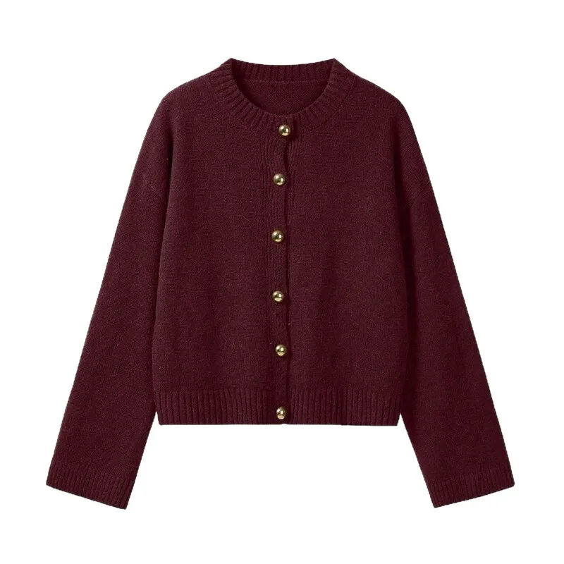 2026 New Autumn Winter Women Round Neck Knit Cardigan Solid Color Loose Sweater Coat with Golden Buttons Long Sleeve Outerwear 5