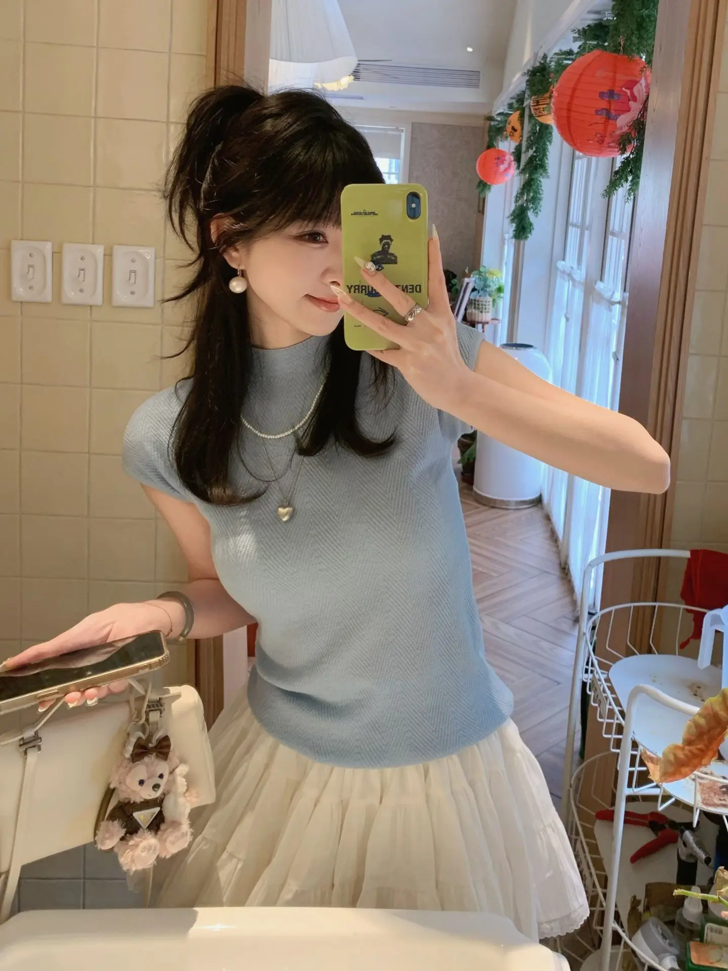 

Sweet Temperament Blue Knitted Top Women's ort Sve f High Collar Summer Sle Base irt Light Color Sweater