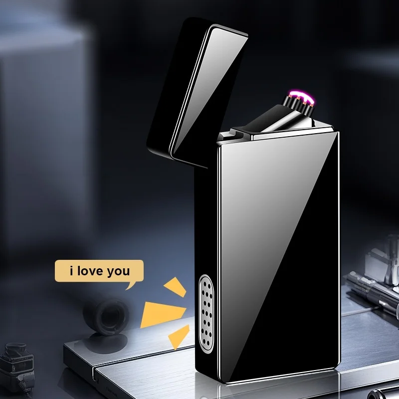 Voice Recording Dual Arc Lighter USB Rechargeable Windproof LED Power Display Metal Flip Cover Men Gift Present for Him