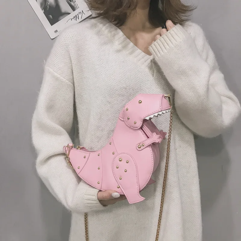 Fashion creative funny three-dimensional dinosaur oblique span bag personalized rivet cute cartoon animal women's bag