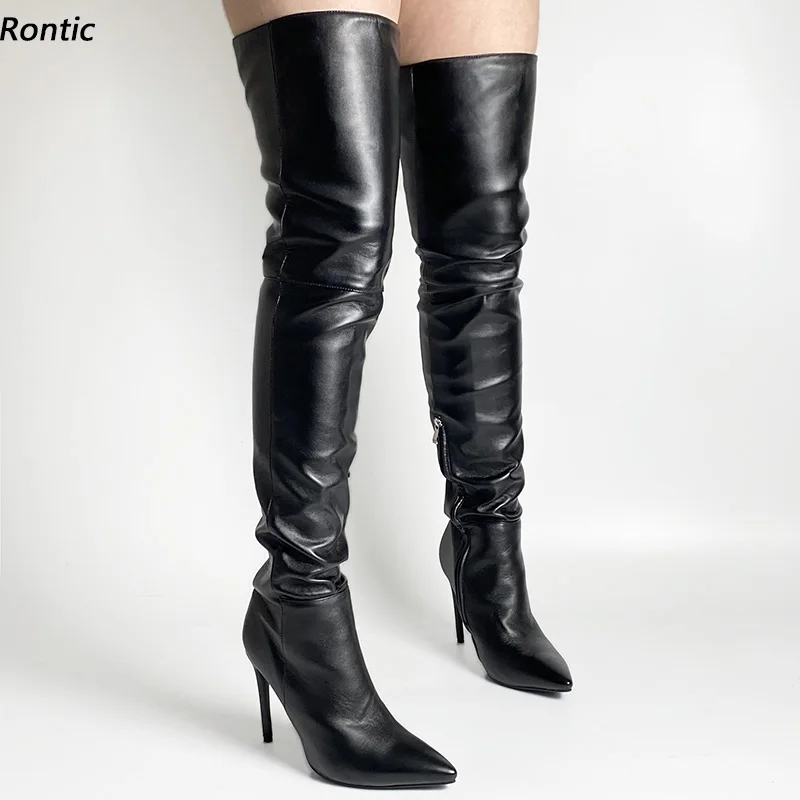 

Rontic Женские весенние сапоги до бедра из искусственной кожи с боковой молнией на шпильке с острым носком Элегантные черные вечерние модельные туфли Размер США 5-16