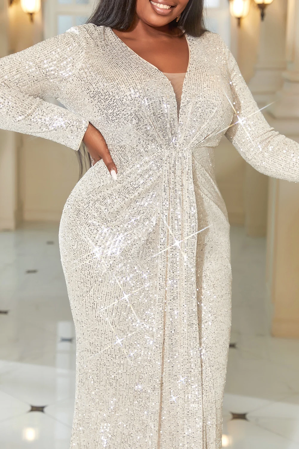 Plus Size Dress for Women Backless Sexy V-Neck Sequin Party Club Wedding Guest Evening Long Dresses Slim Bodycon Dresses Autumn