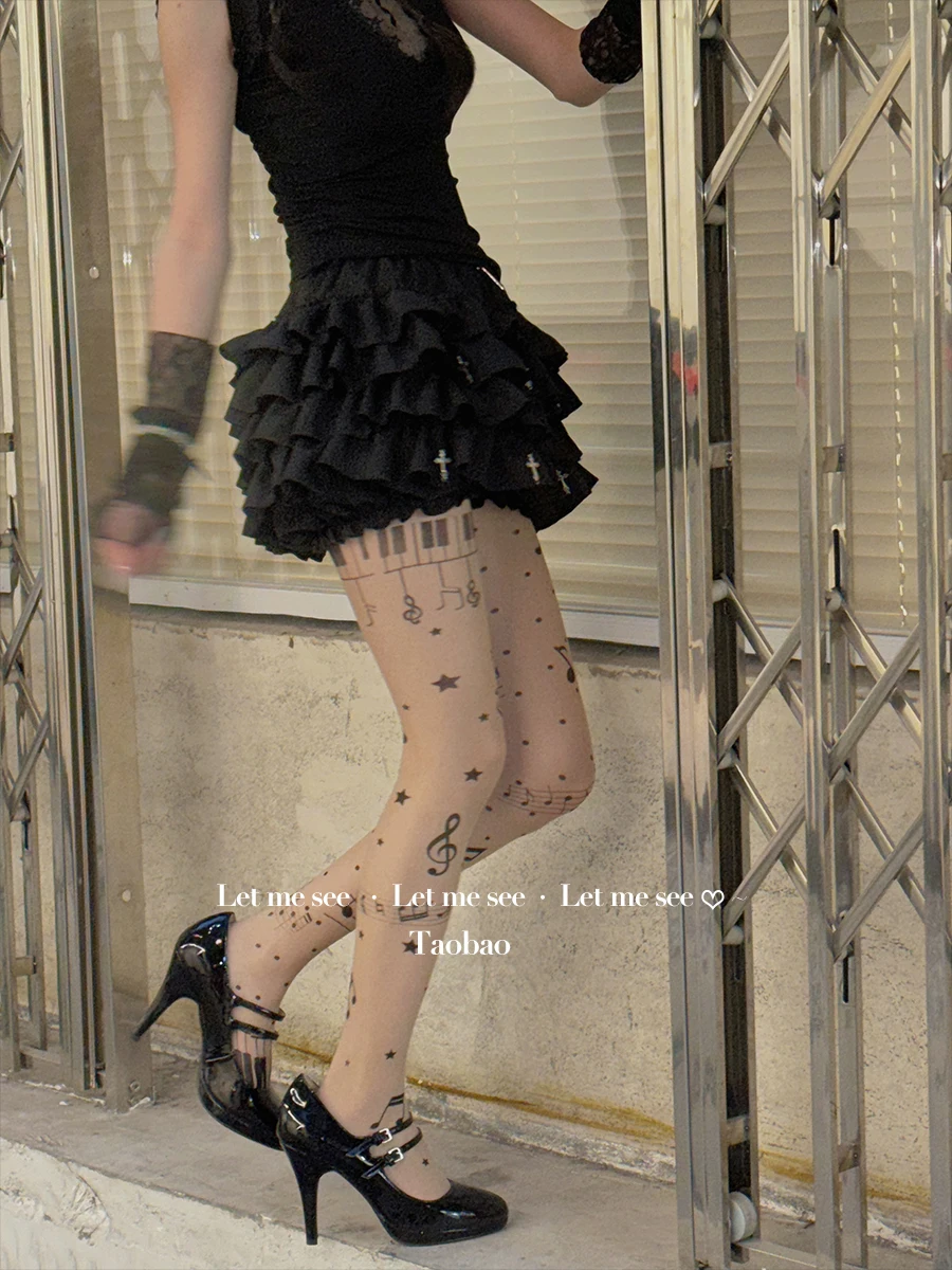 New Original Hot Girl Musical Note Printed Stockings Japanese Subculture Y2K Pure Desire Black Bottoming Pantyhose Women's Socks