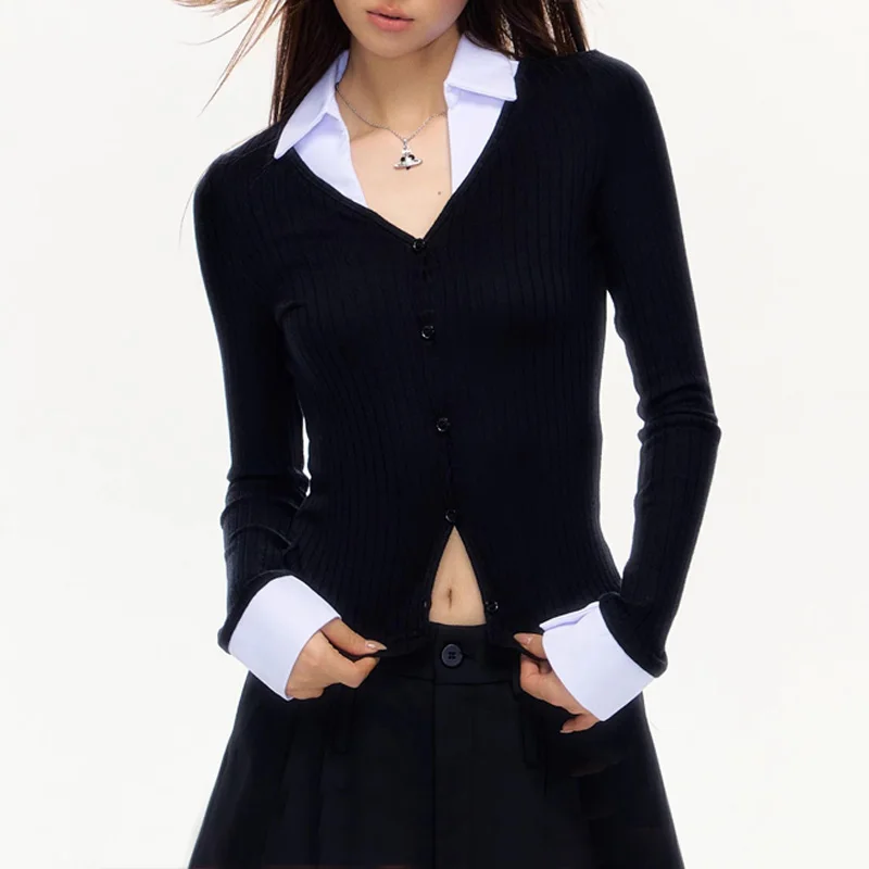 Women's Contrast Collar And Cuff Knit Cardigan In Rib