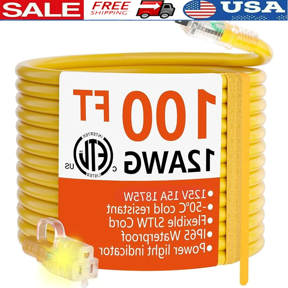 

Heavy Duty Outdoor Extension Cord 100ft 12/3 Gauge Waterproof Lighted End Cold Resistant Flexible 3 Prong 15A 125V