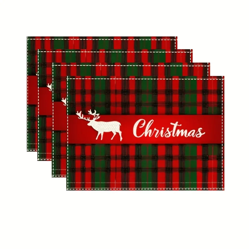 Exquisite Little Deer Head With Red Berries Pine Branches Linen Placemat Thanksgiving Christmas Dining Table Protector