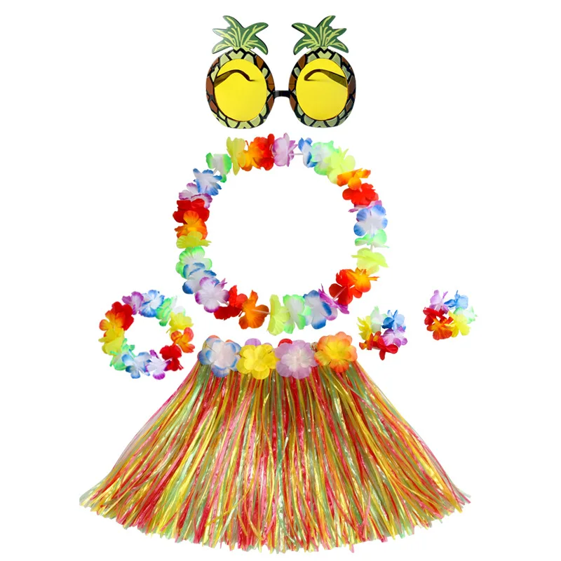 Hawaii 30CM/40cm Kinder-Grassrock (einschichtig), klassischer Kranz, vierteiliges Set, Ananas-Brille, 6-teiliges Set, Kombinationsset