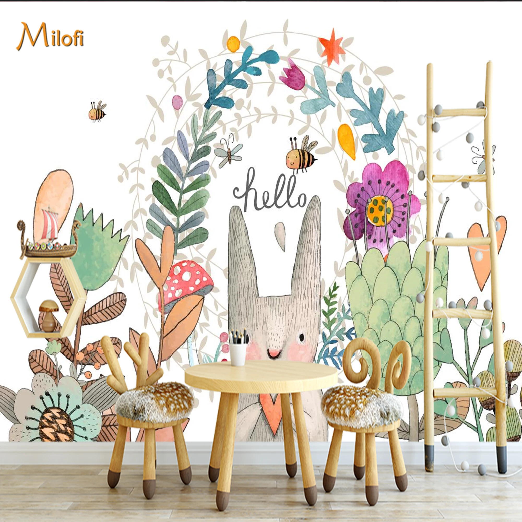 Custom Mural Wallpaper Kids Peel And Stick Wall Cute Rabbit Bee Floral Mushroom Woodland For Nursery Bedroom Home Decor