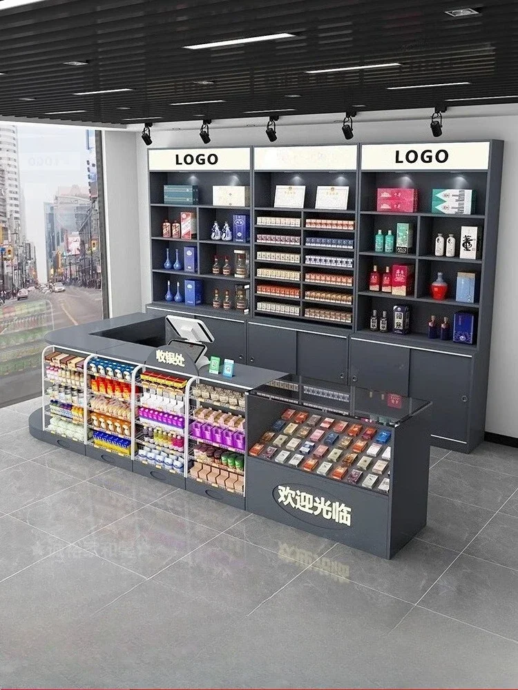 

Касса в супермаркете Тютный и винный шкаф Комбинированная стеклянная витрина Шкаф для сигарет по индивидуальному заказу