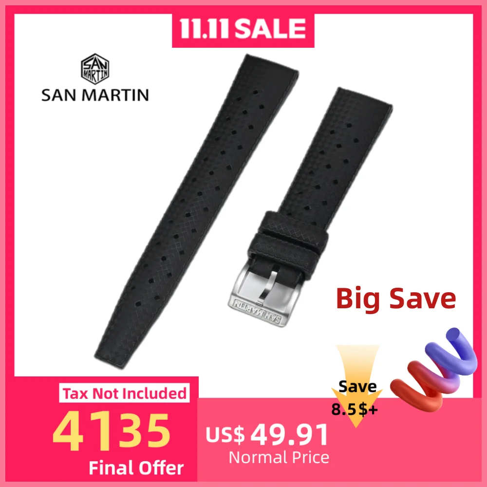

San Martin 18mm 20mm 2 Piece Tropical Fluorine Rubber Strap Tropic FKM Watchband Straight End Steel Pin Buckle ремешок SF0010