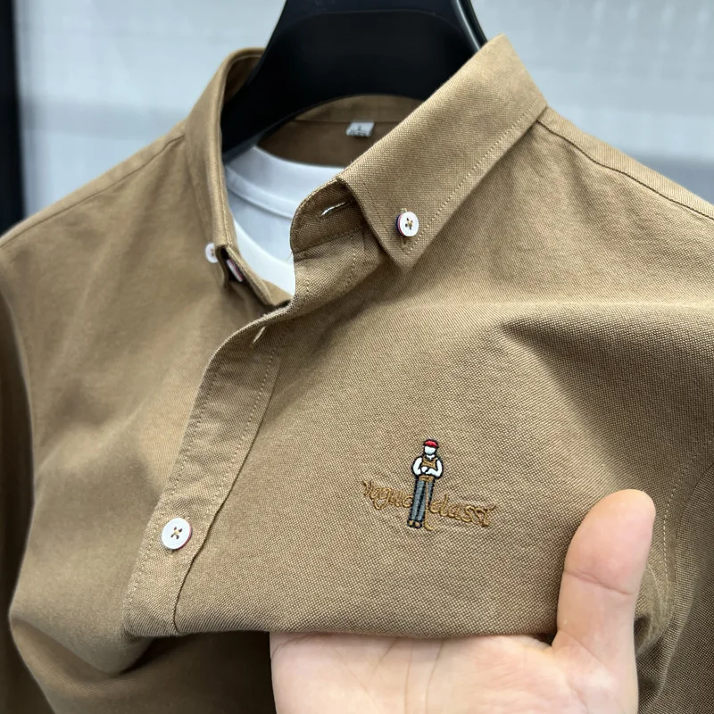 

Fashion Brand Men's New Luxury Quality Autumn 100% Cotton Shirt Personalized Solid Color Exquisite Embroidery Long Sleeved Shirt