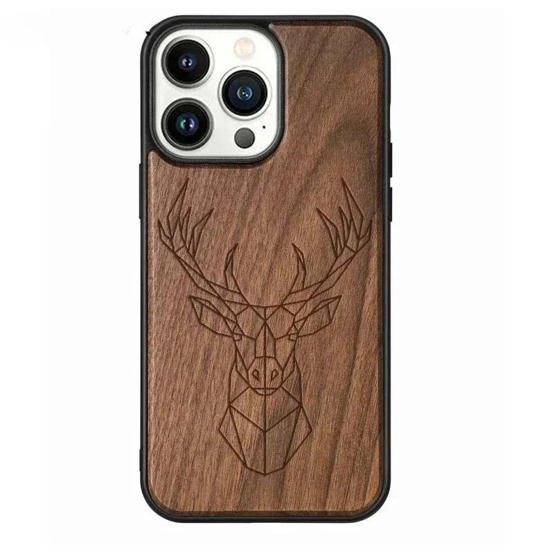 

Graving Deer Wooden Phone Cases for iPhone 15 14 Plus 13 12 11 15 14 Pro Max Mini 1PCS Free Engraving Deer Walnut Wood Covers