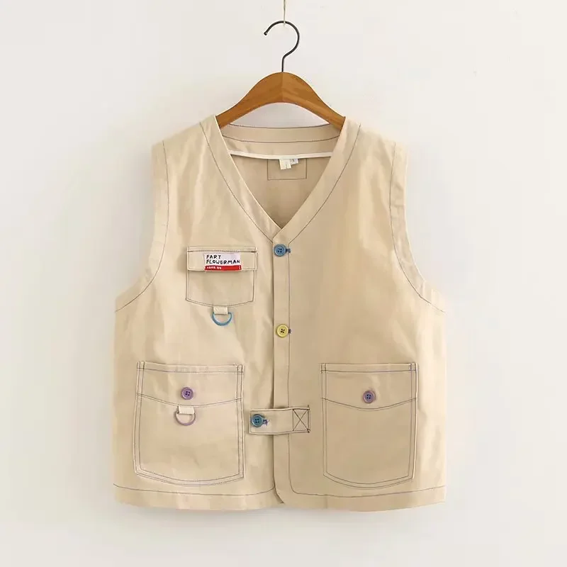 

Vest Women Japanese Mori Retro Loose Waistcoat Cute Sweet Girl Khaki Overalls Vest Women Quilted Vest Sleeveless Cardigan Women