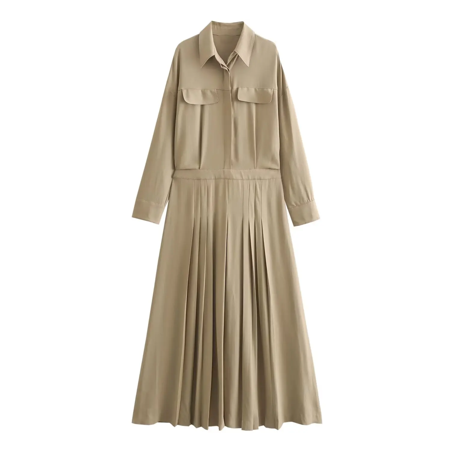 

Jenny&Dave Ladies Casual Dress Women Long Shirt Dress Spring Minimalist French Khaki Pleated Dress