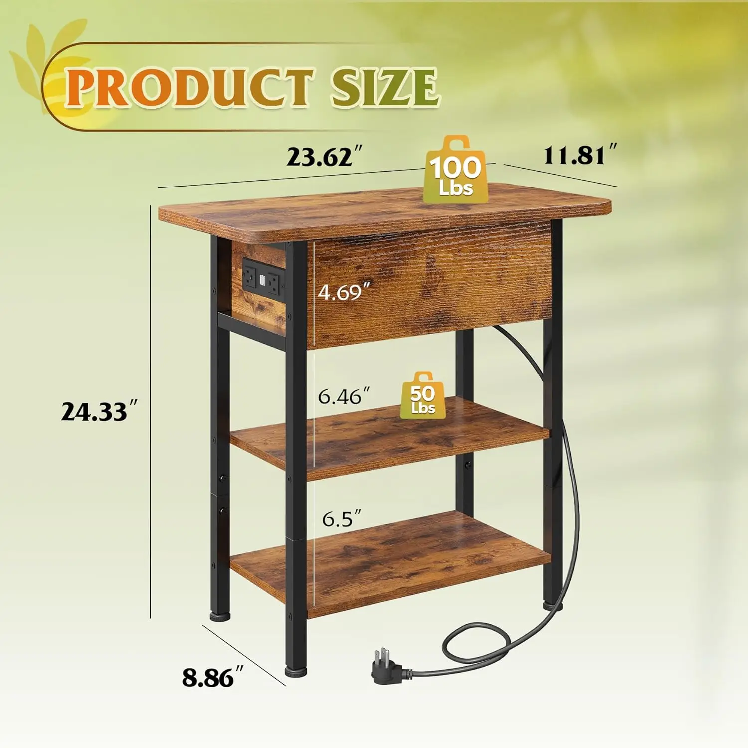 End Table with Charging Station, Flip Top Narrow Side Table with Storage Shelf