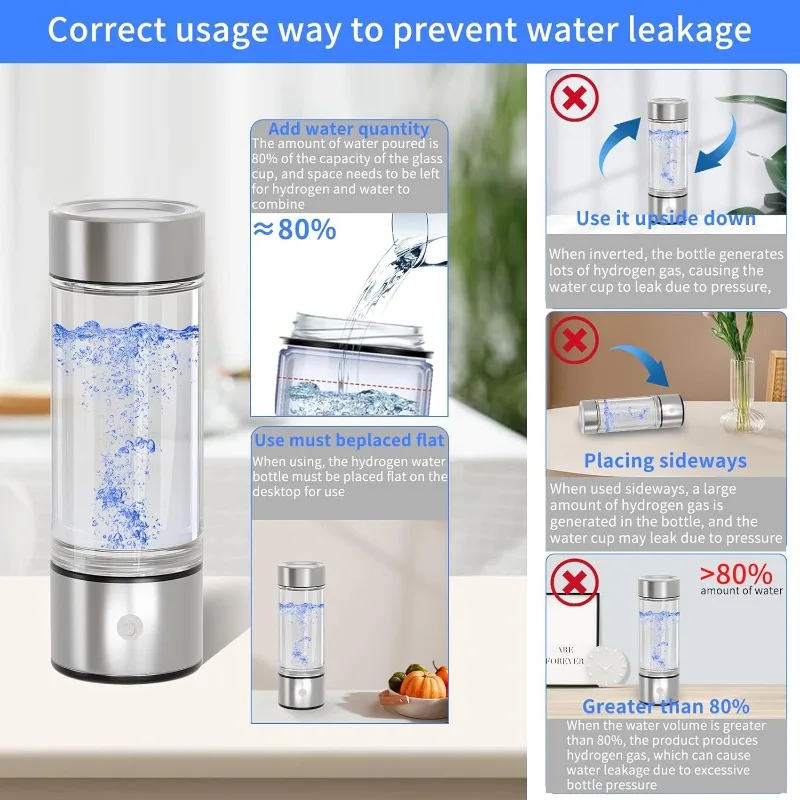 2024 1800PPHydrogen Water Bottle,Hydrogen Water Bottle Generator 3Min Quick Electrolysis hydrogen water Ionizer Glass Health Cup