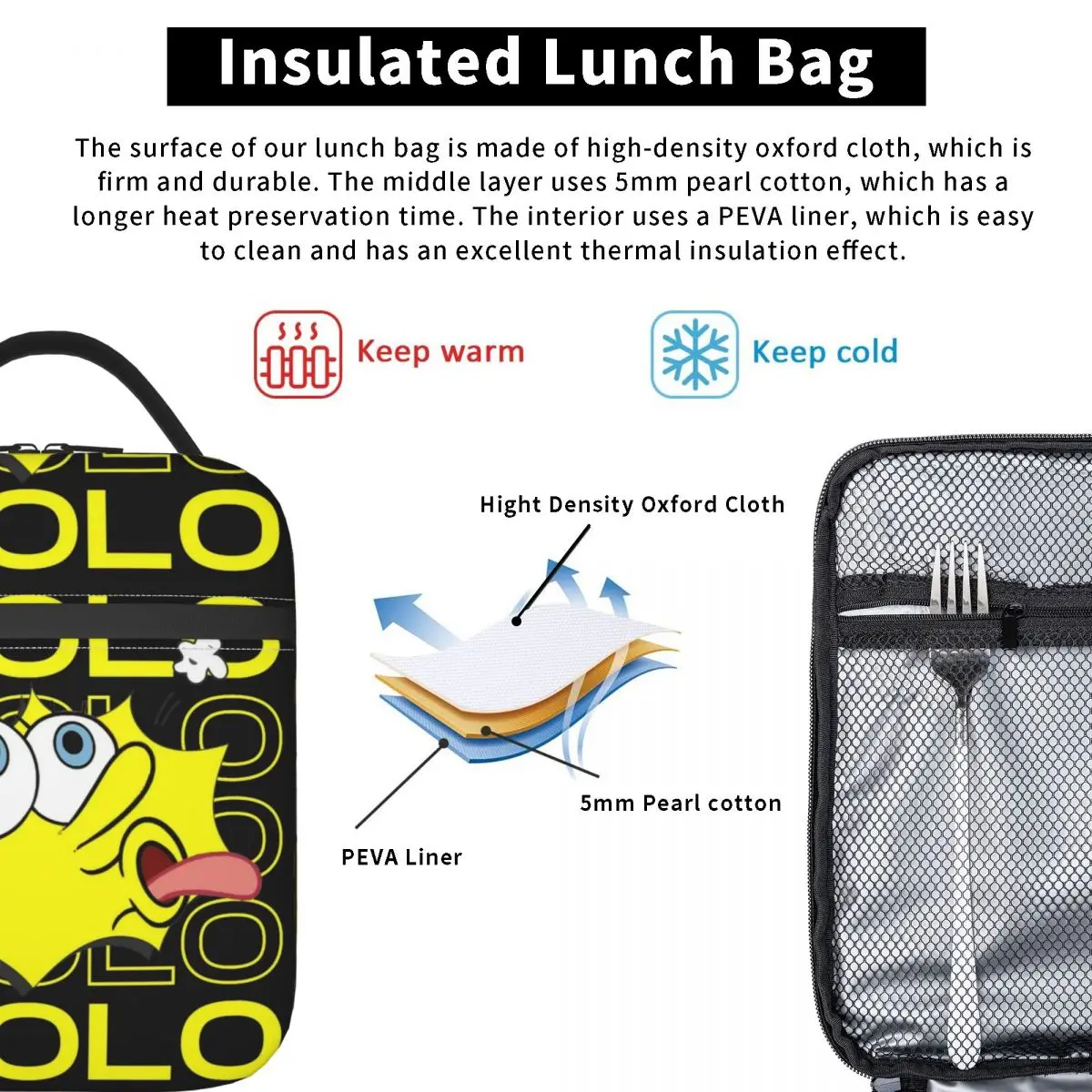 Spongebobed Tongue Wolowolo Isolado Lunch Bag, Saco térmico, Lunch Container, Leakproof Tote, Food Box, Viagem Universitária