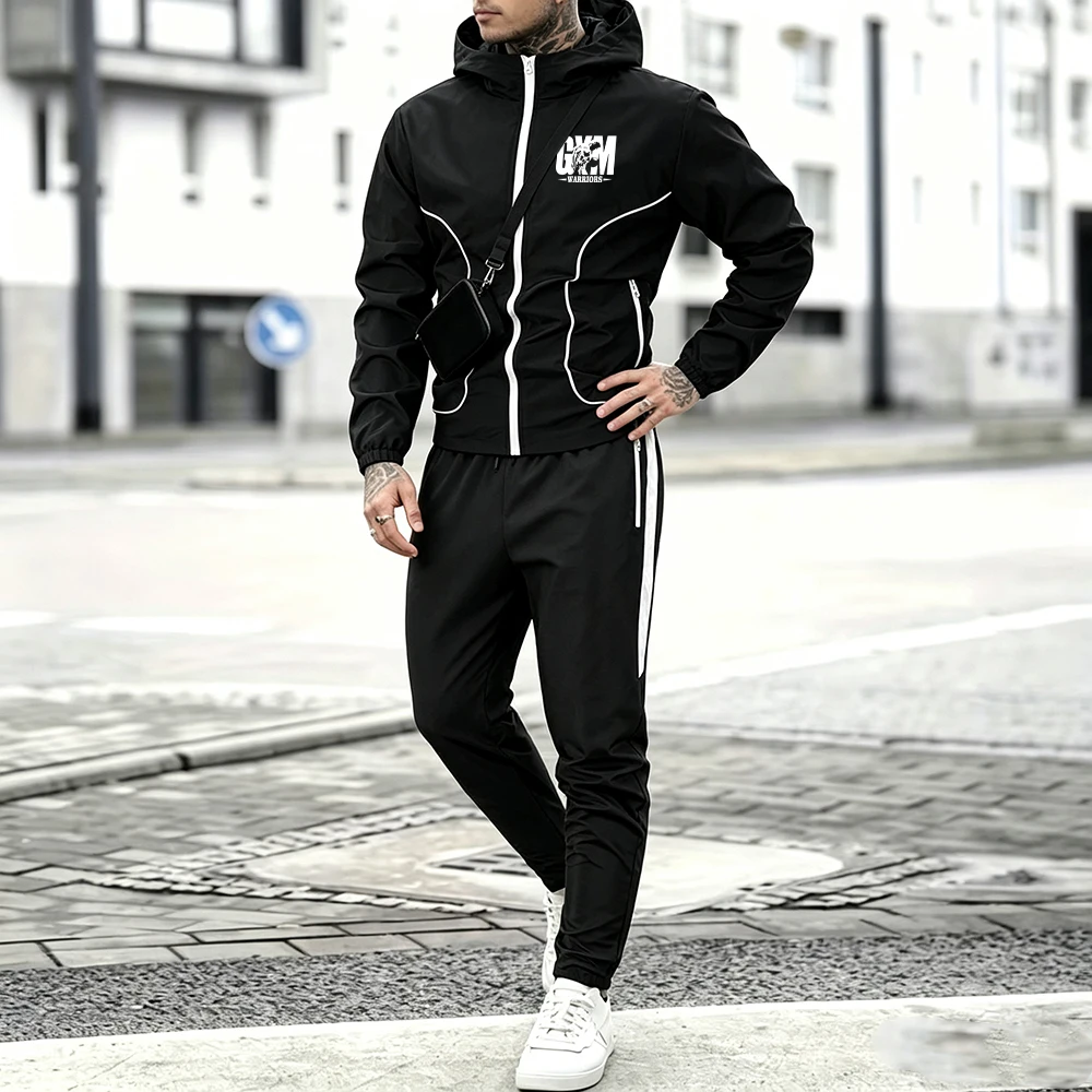 Mens Casual Tracksuit Set White Line Hooded Jacket Gym Warrior Letter Print & Side Stripe Trousers 2 Pcs Zipper Pocket Suit view 2