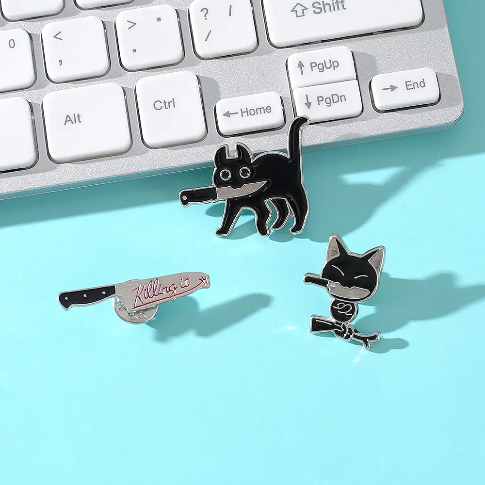 Cartoon Cute Animal Black Cat Enamel Brooch Punk Dagger Letter Kitten Alloy Pins Badge Personality Woman Jewelry Exquisite Gift