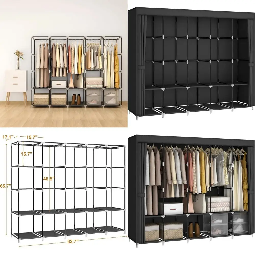 

83 Inch Wide Portable Closet Wardrobe, Clothes Storage Rack Organizer with Cover, 5 Clothes Hanging Rods and 10 Storage Shelves,