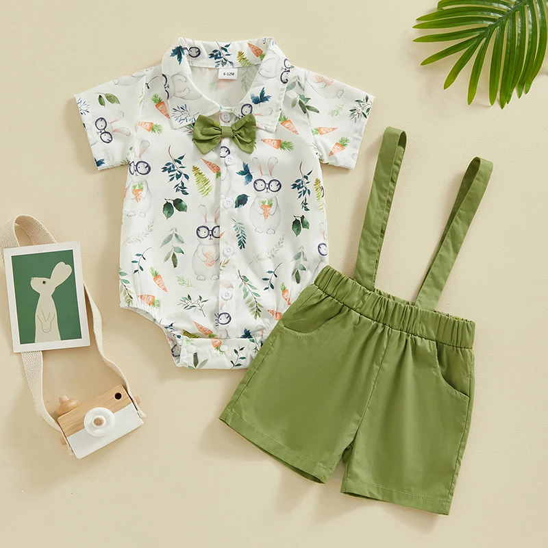 Ostern Baby Boy Gentleman Outfit Revers Hals Kurzarm Kaninchen Print Stram pler Hosenträger Shorts Kleinkind 2 Stück Sets