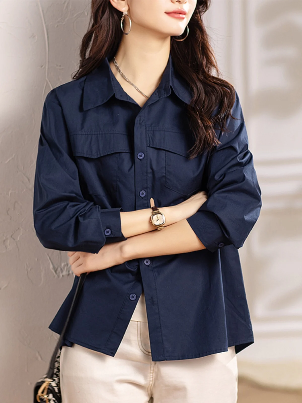 

Spring Faion Artistic Color Long Sve Ne Casual Base irt Slimming Women's plus Size Clothing Trendy Top