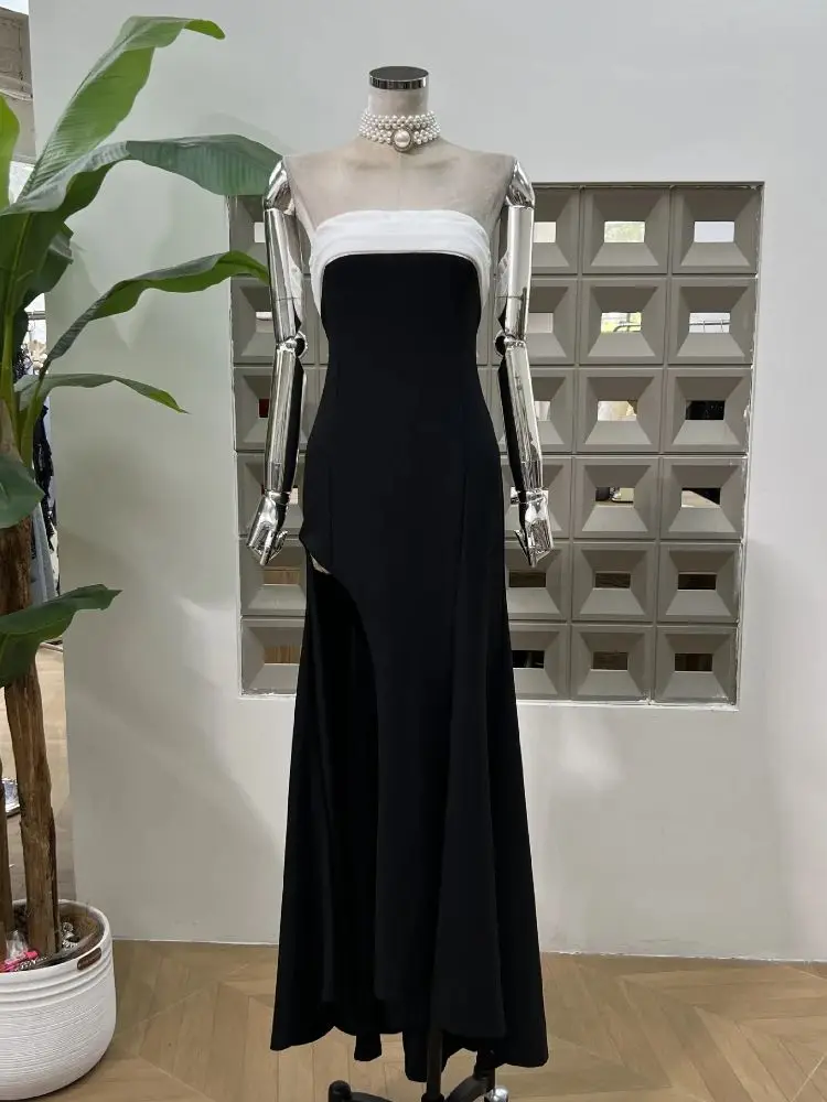 Vestidos de mujer Sexy elegante moda ceñido al cuerpo franjas de diferente Color sin tirantes sin espalda recortado Fiesta Club vestido de noche vestido largo nuevo