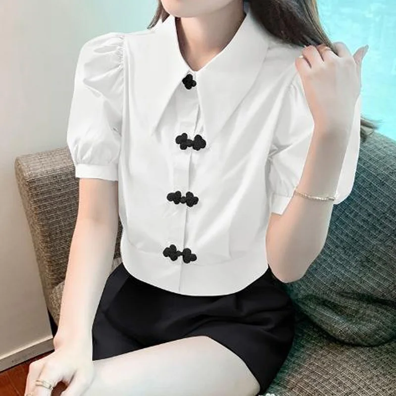 Sweet Short Pleated Blouse Summer New Polo Neck Short Sleeve Solid All-match Elegant Shirt Tops Fashion Korean Women Clothing