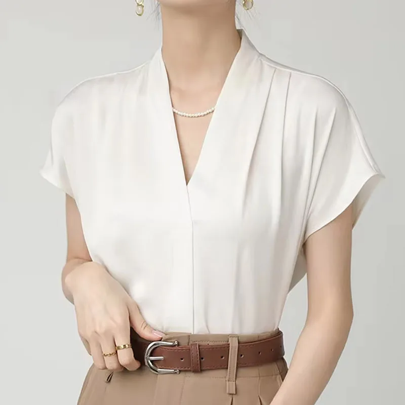 

Summer Office Lady Shirts Short Sleeve V-Neck Women Blouse Solid Elegant Blouse Women Tops Blusas De Mujer Camisas JJ791