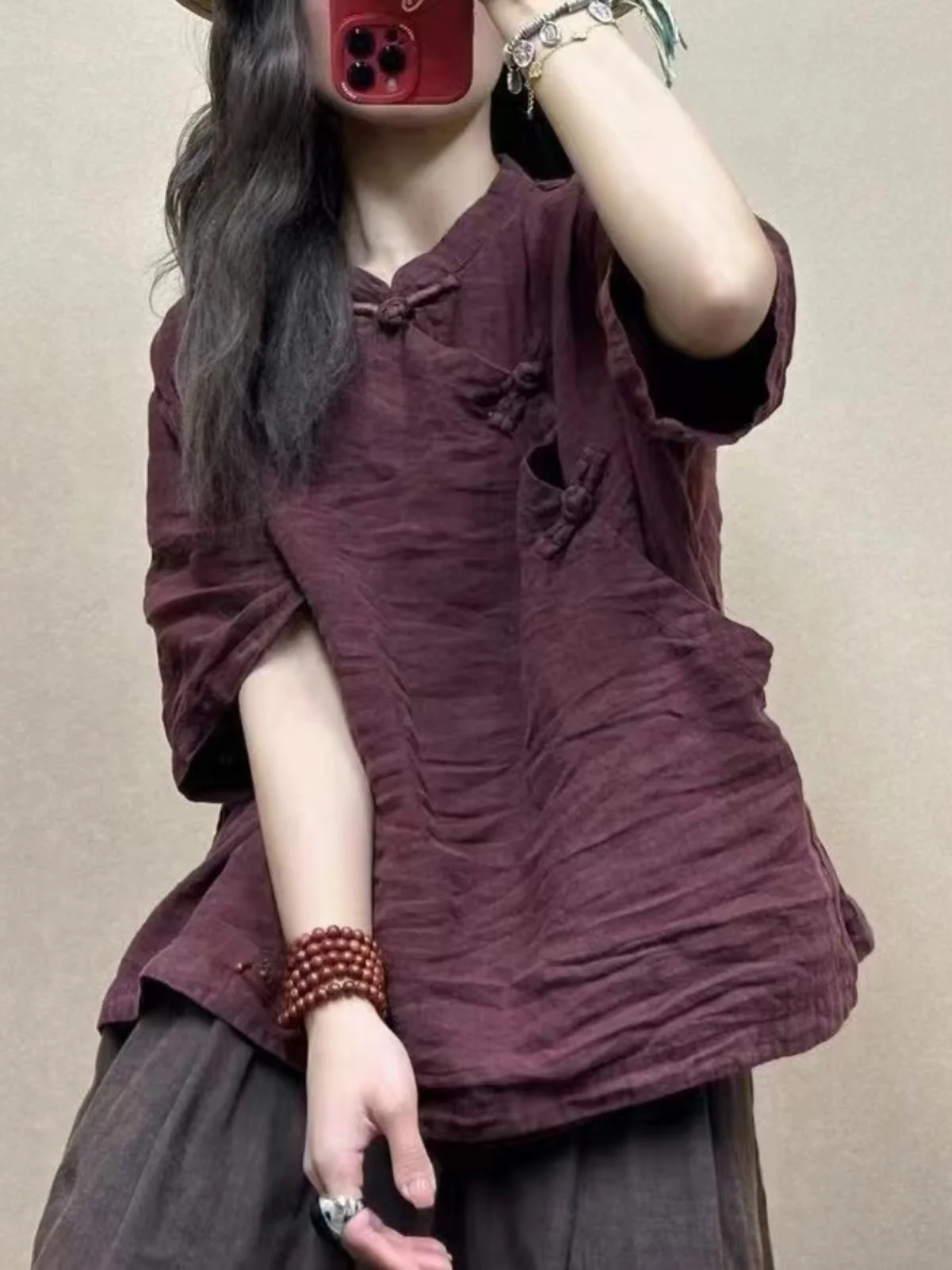 레트로 중국풍 여성용 면 린넨 여름 얇은 셔츠 버튼업 루즈핏 스탠드 칼라 단색 차 의상